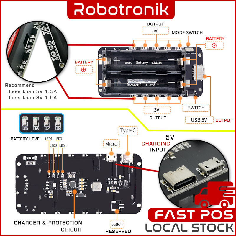 Portable Mobile Power - 18650 Battery Shield V3 V8 V9 (USB & Type C) Power Bank Raspberry Pi & Arduino Powerbank Power Bank Portable Mobile Power - 18650 Battery Shield V3 V8 V9 (USB & Type C) Power Bank Raspberry Pi & Arduino Powerbank Power Bank