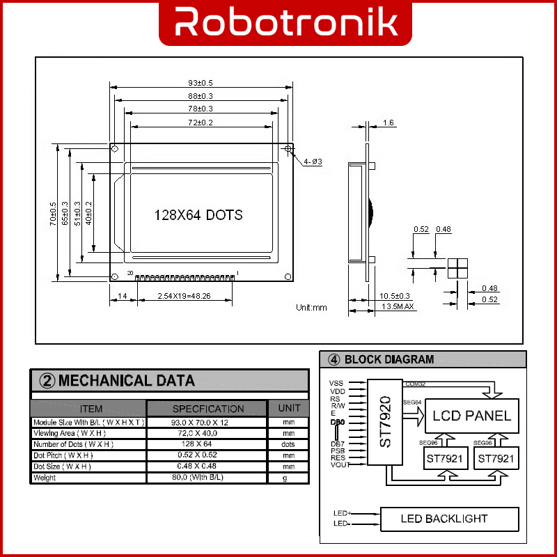 Graphic LCD 128x64 Pixel Yellow Backlight Parallel Interface Display Module 12864B, Compatible Arduino
