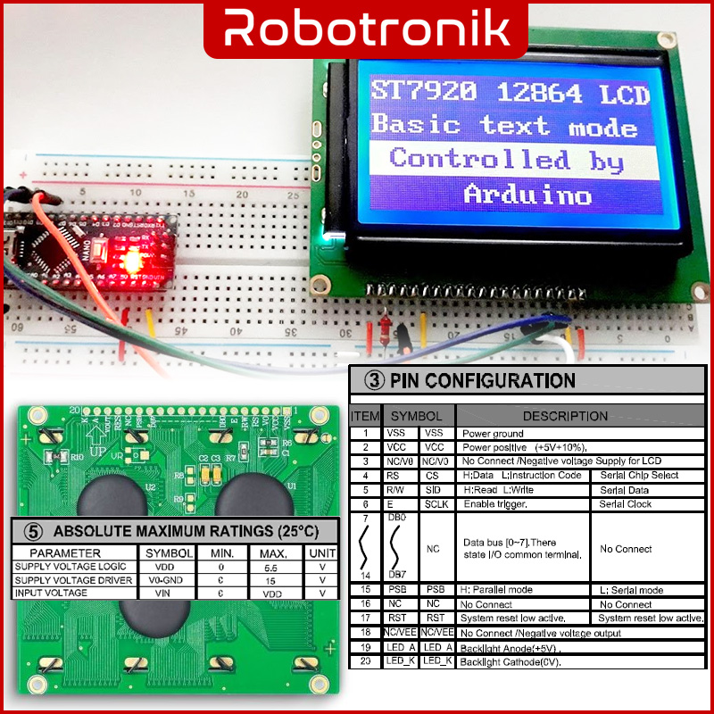 Graphic LCD 128x64 Pixel Yellow Backlight Parallel Interface Display Module 12864B, Compatible Arduino