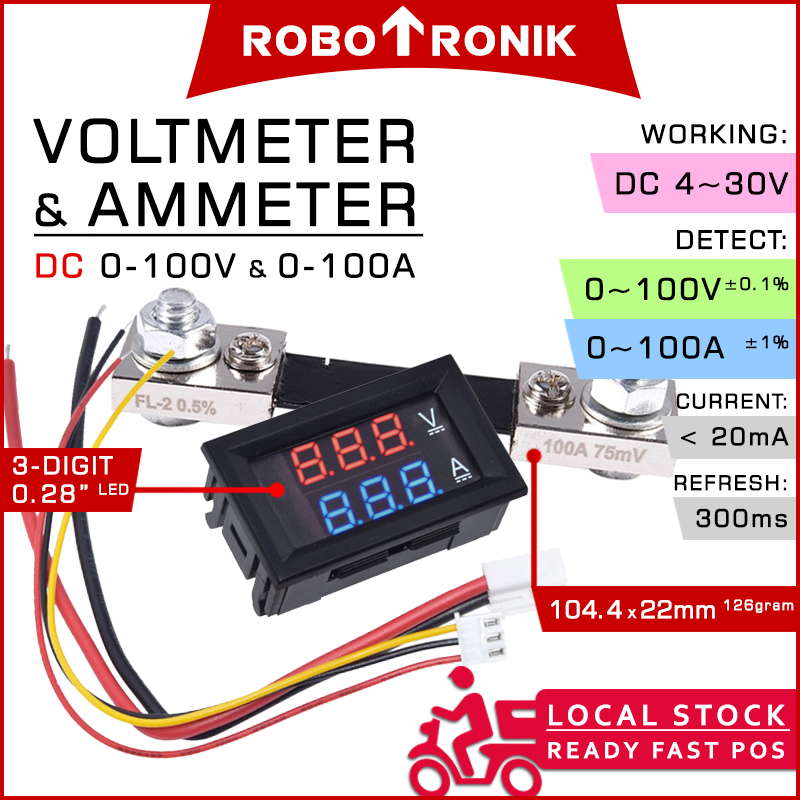 Digital Voltmeter / Ammeter Panel Meter 0-100V 100A w/ Shunt Digital Voltmeter / Ammeter Panel Meter 0-100V 100A w/ Shunt