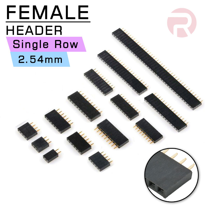 Female Header 2 ~ 40 pins, Pitch 0.1″ (2.54 mm) - Single Row Pin Female Header 2 ~ 40 pins, Pitch 0.1″ (2.54 mm) - Single Row Pin