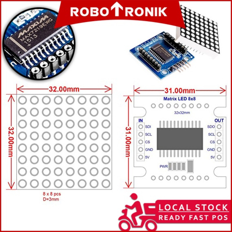 Dot Matrix 8x8 (Dotmatrix) LED Module MAX7219, Arduino Compatible 5V MAX 7219 Dot Matrix 8x8 (Dotmatrix) LED Module MAX7219, Arduino Compatible 5V MAX 7219