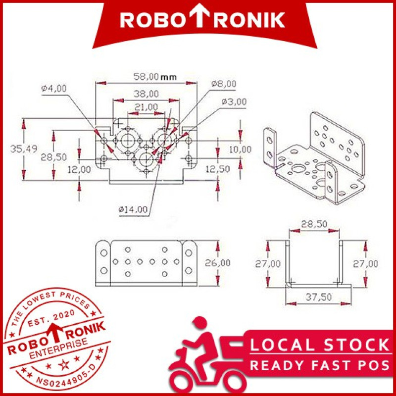 [Standard Size] Servo Motor Bracket Mounting or Long U-Shape for Mount 180° MG995, MG996 Futaba Hiltec