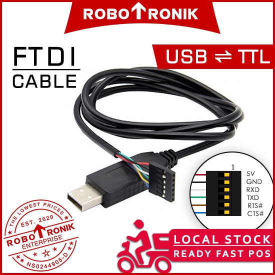 FTDI Cable - USB to TTL Serial FT232 (TX/RX) UART Converter (Programmer Arduino Pro, Pro Mini, LilyPad)