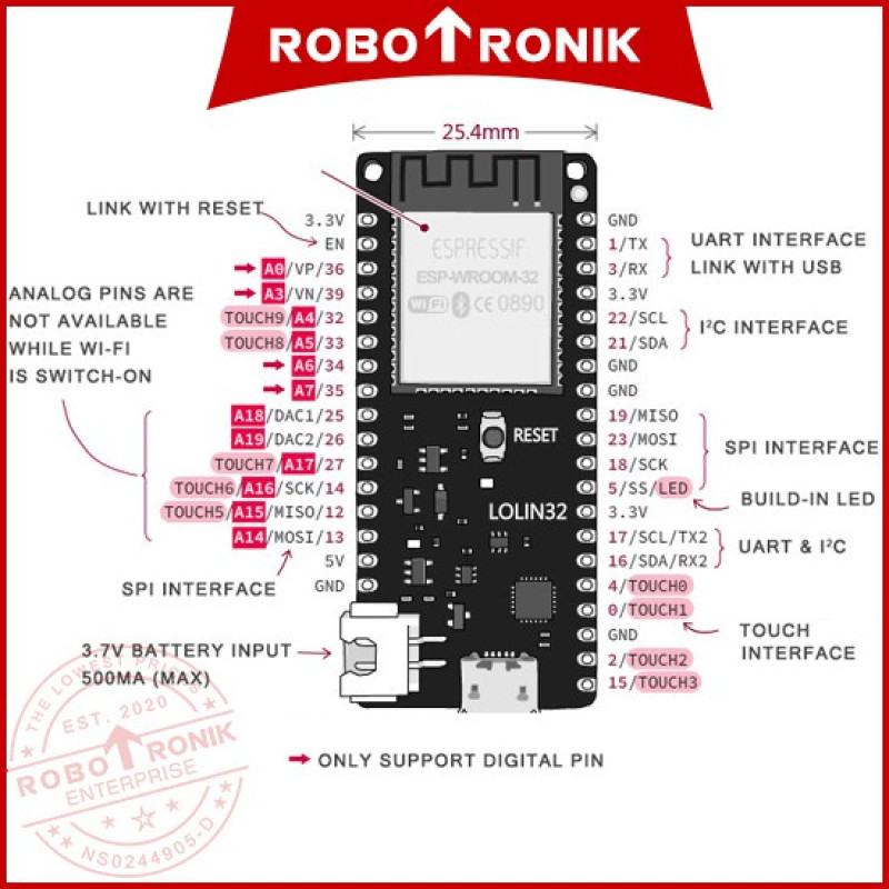 WeMos LOLIN 32 [ESP32] D1 V1.0.0 WROOM-32 Microcontroller w/ Li-Ion/LiPo Battery Charging Board ESP 32