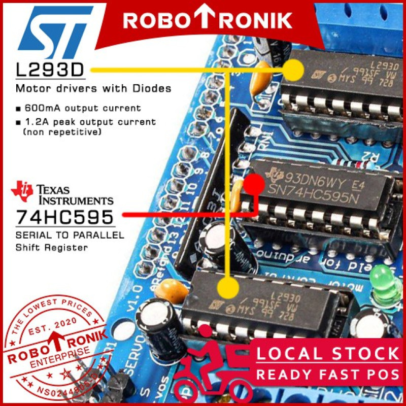 Motor Driver Shield L293D & 74HC595 - Arduino UNO Compatible for DC, Servo & Stepper Motor, 293 L293 293D Motor Driver Shield L293D & 74HC595 - Arduino UNO Compatible for DC, Servo & Stepper Motor, 293 L293 293D