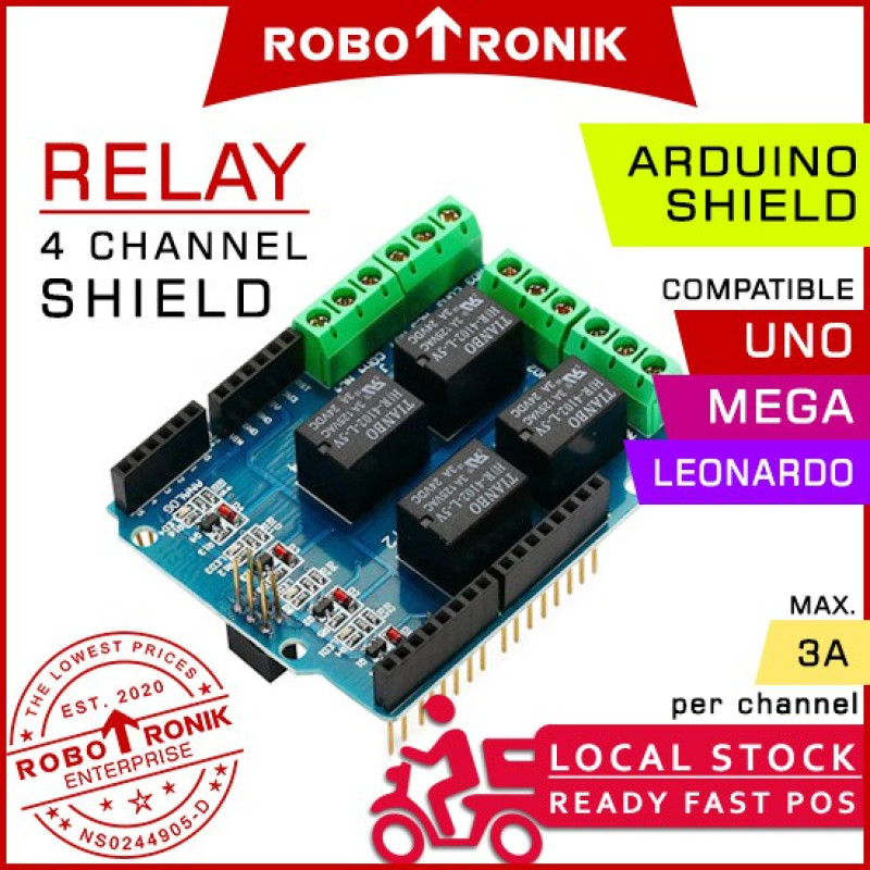 Relay Shield 4 Channel, Compatible Arduino UNO R3 MEGA Leonardo Relay Shield 4 Channel, Compatible Arduino UNO R3 MEGA Leonardo