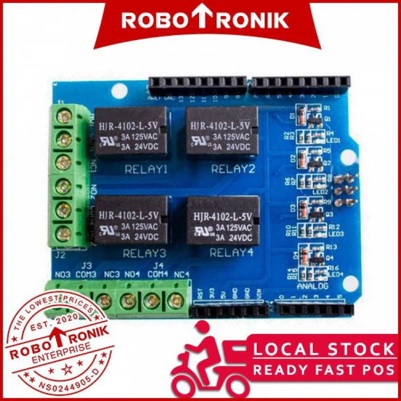 Relay Shield 4 Channel, Compatible Arduino UNO R3 MEGA Leonardo Relay Shield 4 Channel, Compatible Arduino UNO R3 MEGA Leonardo