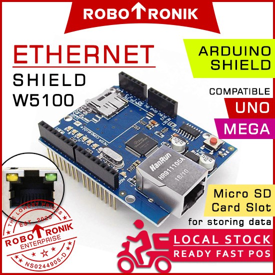 Ethernet Shield W5100 LAN w/ Micro SD Card Slot - Arduino UNO MEGA Compatible