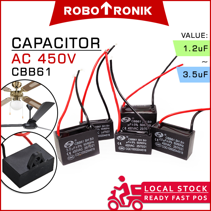 AC Capacitor 450V (CBB61) Running Cap for Start Fan / Ceiling, 2-wire Terminal Kapasitor 12 AC Capacitor 450V (CBB61) Running Cap for Start Fan / Ceiling, 2-wire Terminal Kapasitor 12