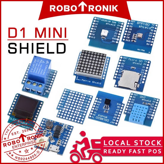 Shield for WeMos D1 mini ESP8266, Relay Prototype RGB BMP180 DHT11 DS18B20 Micro SD Battery Charger Dot Matrix OLED
