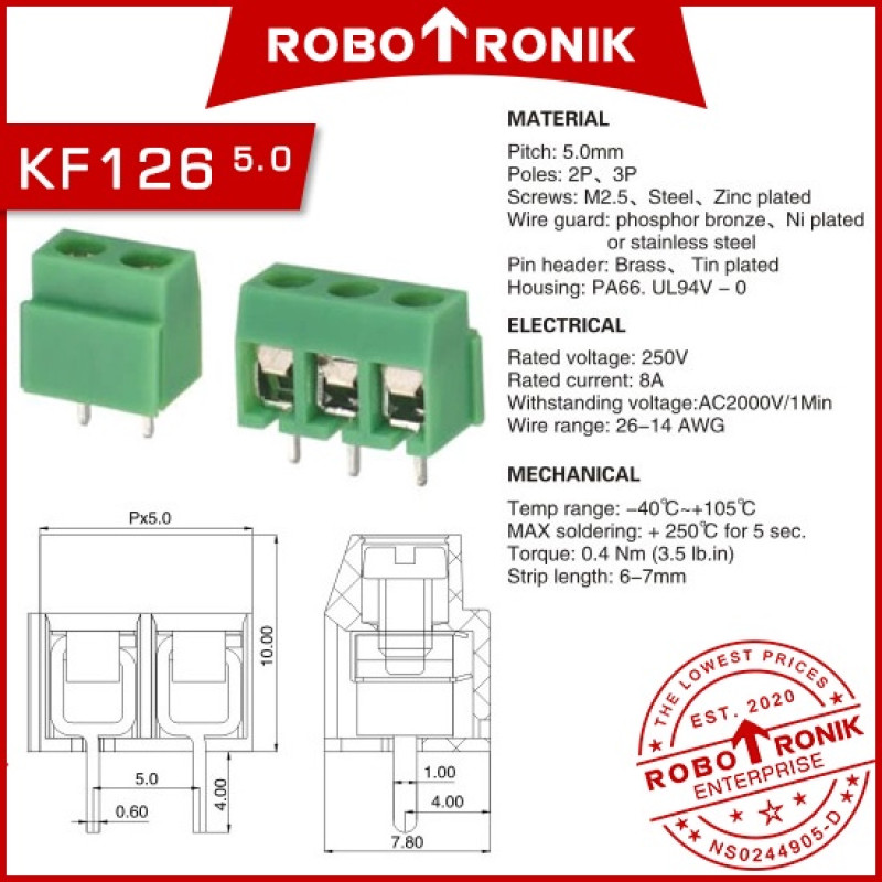 PCB Connector (Solder) Terminal Block KF126 KF300, 2-Way & 3-Way 5mm Pitch PCB Connector (Solder) Terminal Block KF126 KF300, 2-Way & 3-Way 5mm Pitch