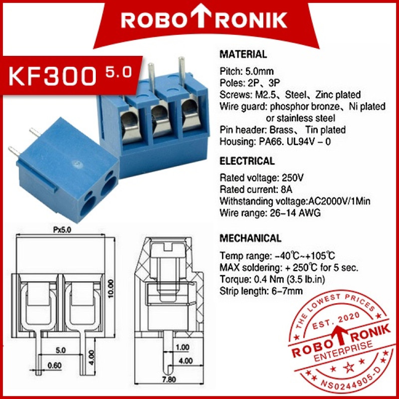 PCB Connector (Solder) Terminal Block KF126 KF300, 2-Way & 3-Way 5mm Pitch PCB Connector (Solder) Terminal Block KF126 KF300, 2-Way & 3-Way 5mm Pitch