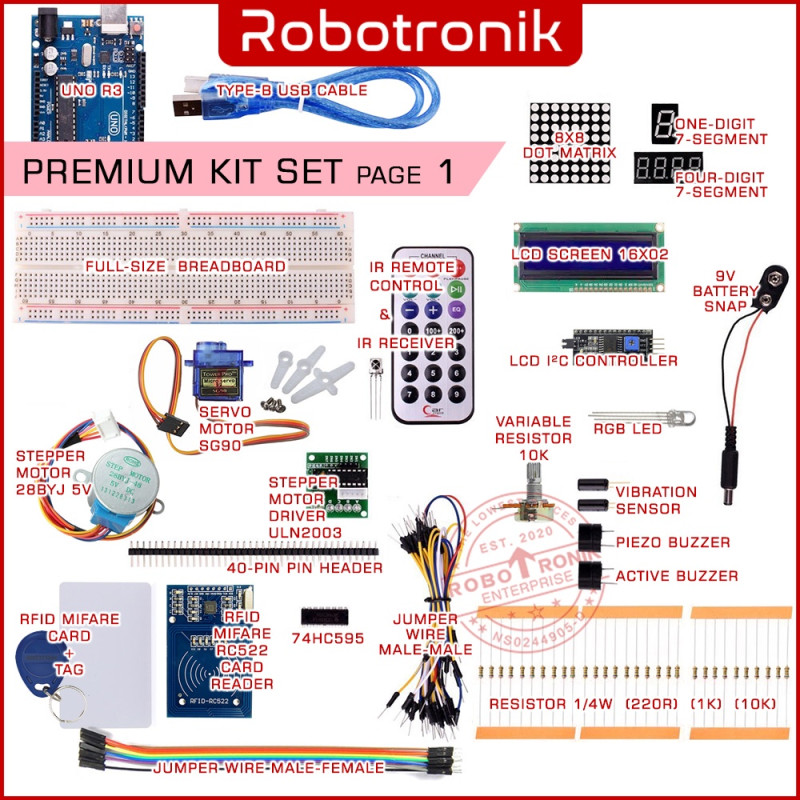 Kit Set (Breadboard, Jumper wires, Components & Box) UNO ESP32 NANO MEGA Nodemcu Kit Set (Breadboard, Jumper wires, Components & Box) UNO ESP32 NANO MEGA Nodemcu