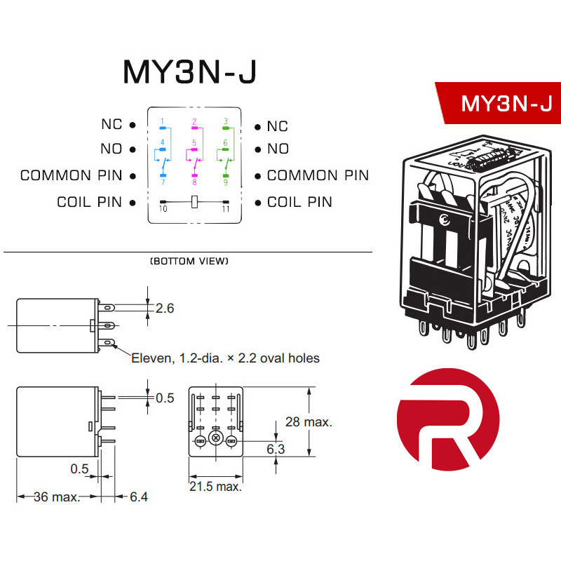 Relay MY3 (5A) 11-Pin, 3PDT, Compatible Omron Relay MY3 (5A) 11-Pin, 3PDT, Compatible Omron