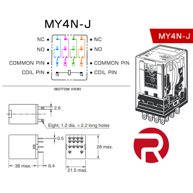 Relay MY4 (5A) 14-Pin, 4PDT Electromagnetic Mechanical Coil Relay MY4 (5A) 14-Pin, 4PDT Electromagnetic Mechanical Coil