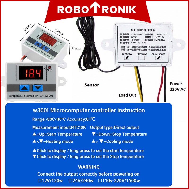 Digital Temperature Controller XH-W3001 w/ 10A Relay (-50°C ~ +110 Celsius) Thermostat 120W Digital Temperature Controller XH-W3001 w/ 10A Relay (-50°C ~ +110 Celsius) Thermostat 120W