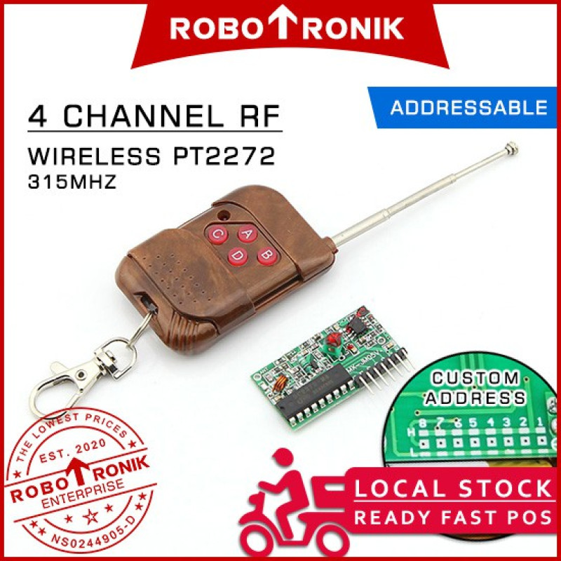 Wireless 4 Channel RF 315MHz Remote Control and PT 2272 Receiver Module 5V [Momentary] - Radio Frequency, Custom Address