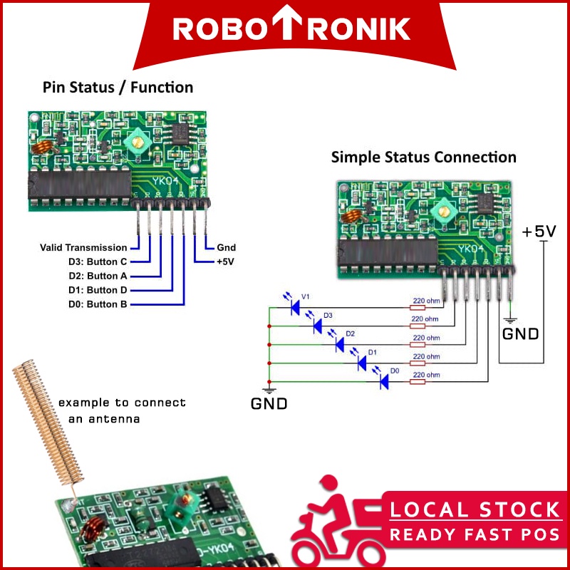 Wireless 4 Channel RF 315MHz Remote Control and PT 2272 Receiver Module 5V [Momentary] - Radio Frequency, Custom Address